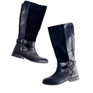 Lucky Brand Black Suede & Leather Tall Riding Boots w/ Buckles Women’s Size 9